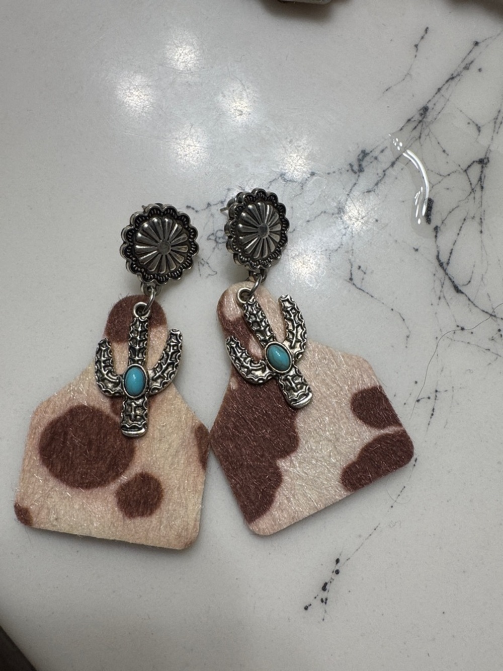 Cowhide Drop Earrings with Turquoise Concho